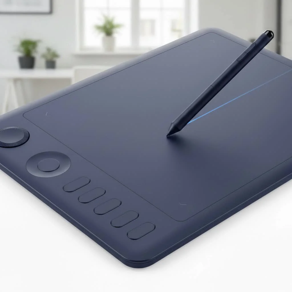 Graphic designer using a pen display tablet with a stylus