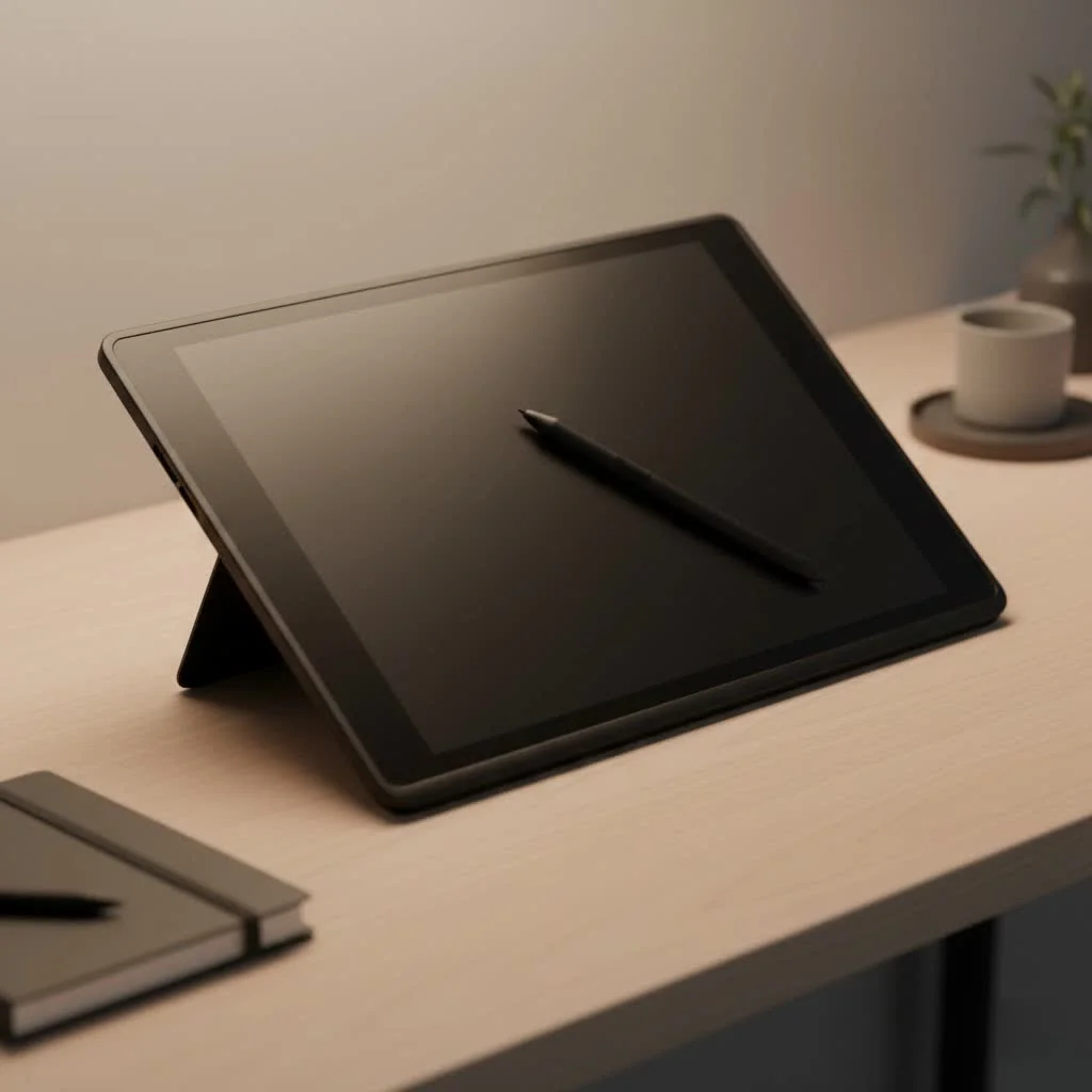 Graphic tablet with a stylus on a desk