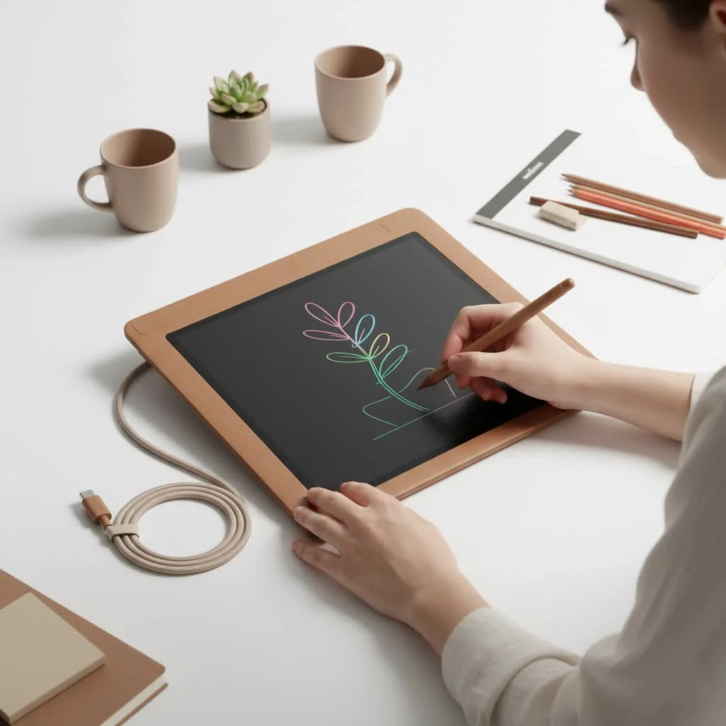 Graphic tablet connected to a laptop for digital art