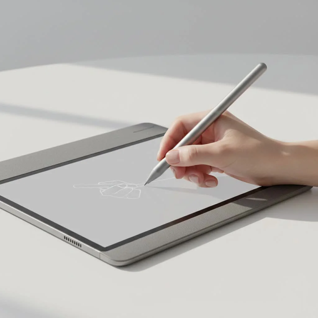 Graphic designer using a drawing tablet with a stylus