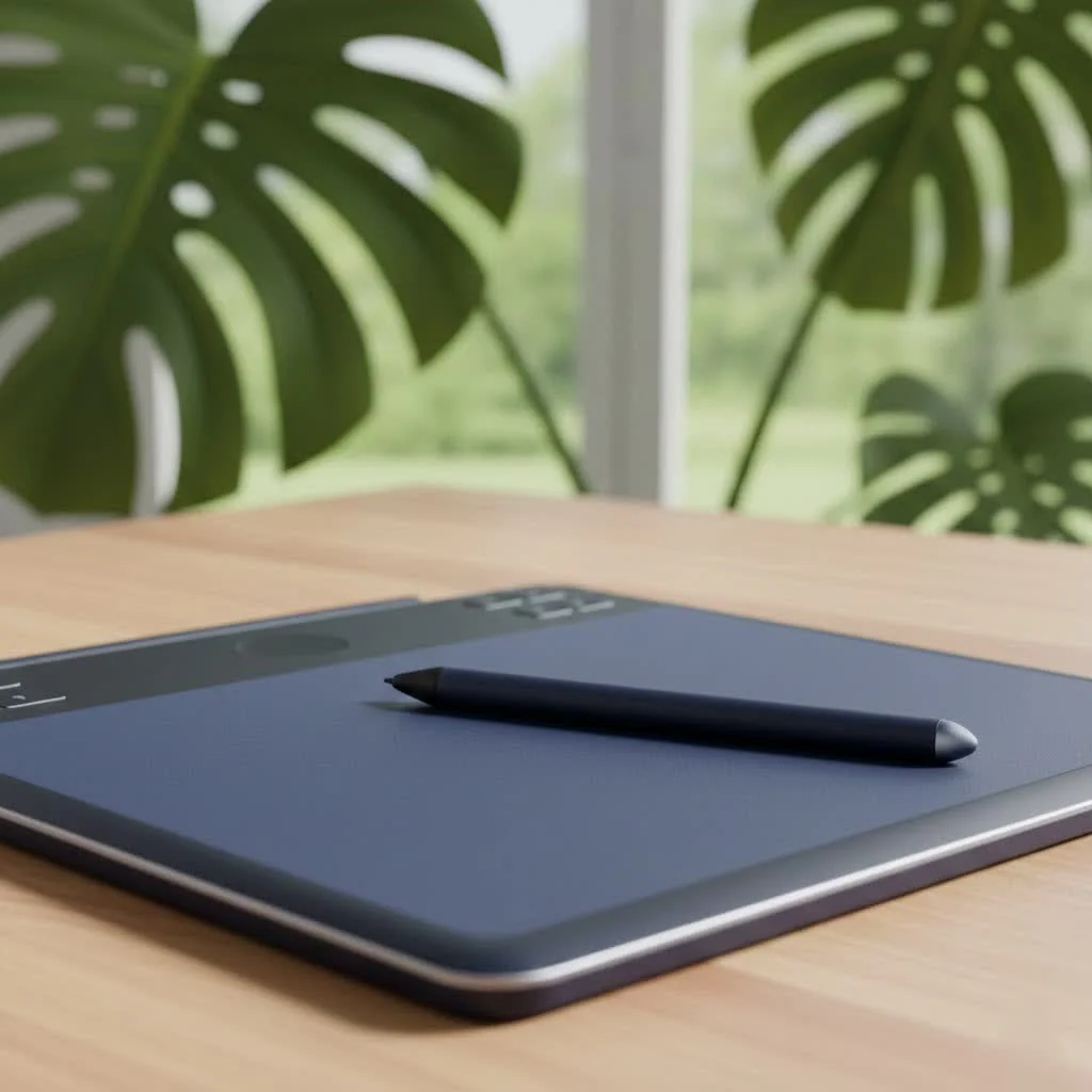 Artist drawing on a graphic display tablet with a stylus