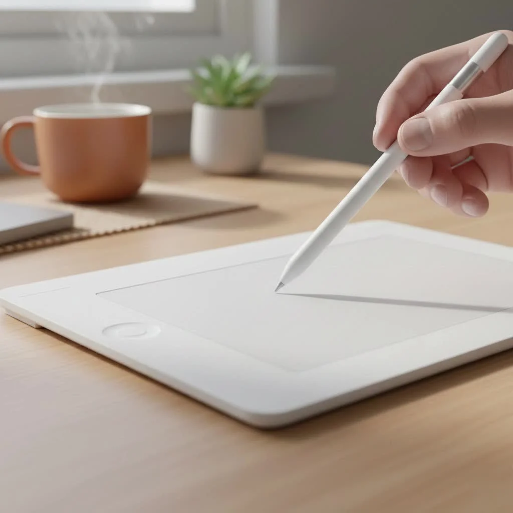 Graphic drawing tablet with a stylus on a desk