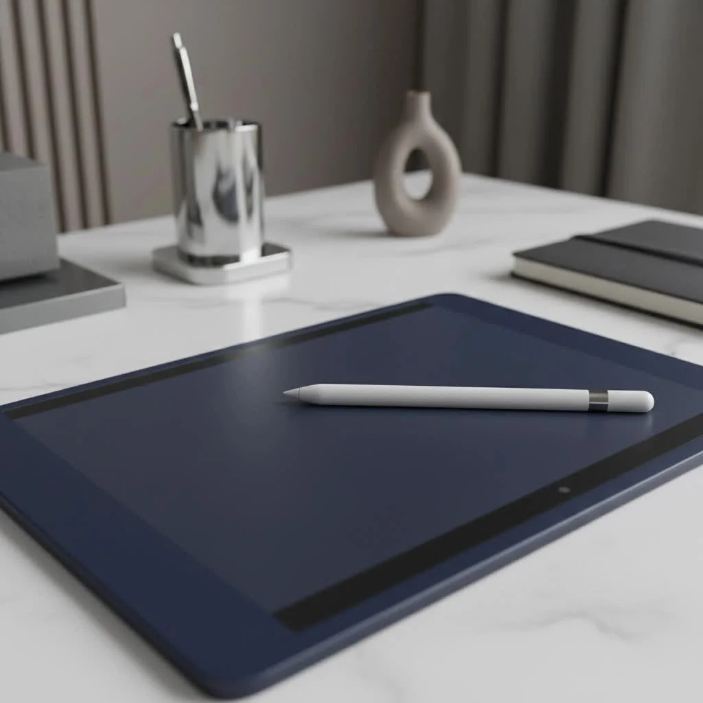 Graphic tablet connected to a laptop, displaying digital art