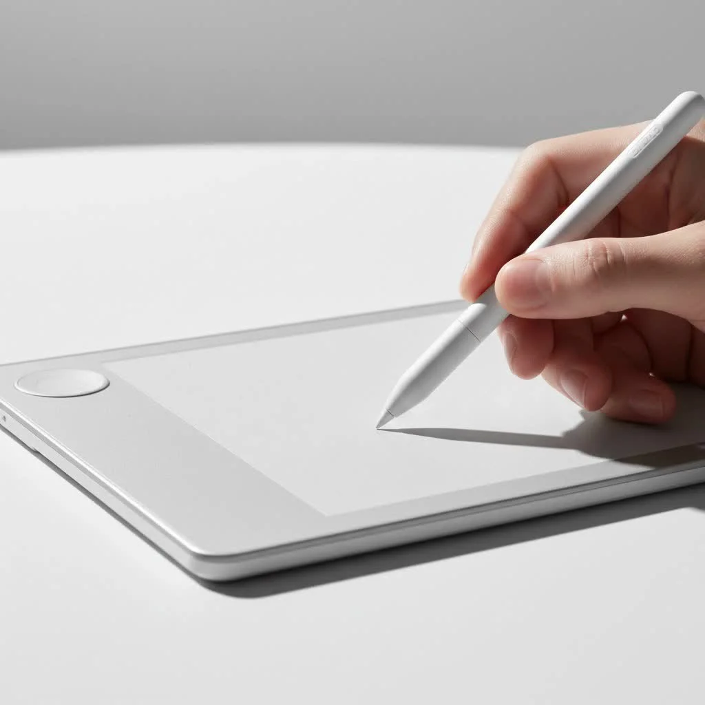 Digital drawing tablet with a stylus and a colorful illustration on screen